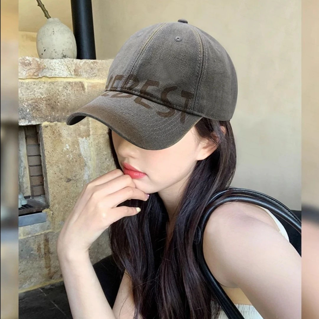 水洗做旧字母棒球帽女美式复古大头围鸭舌帽显脸小宽帽檐帽子女生
