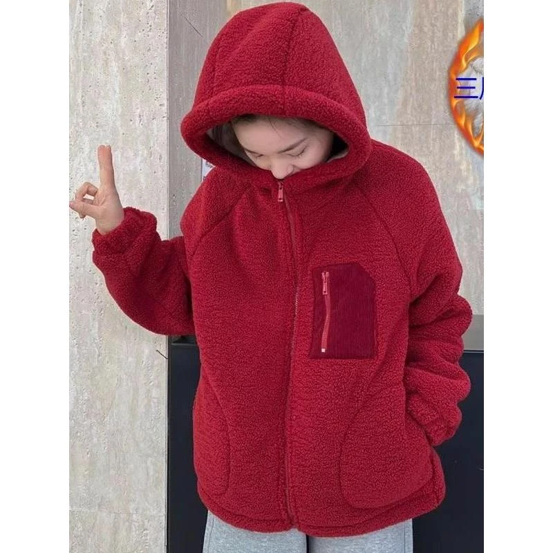 冬季保暖颗粒绒连帽外套女加绒加厚羊羔绒保暖上衣宽松显瘦棉服女