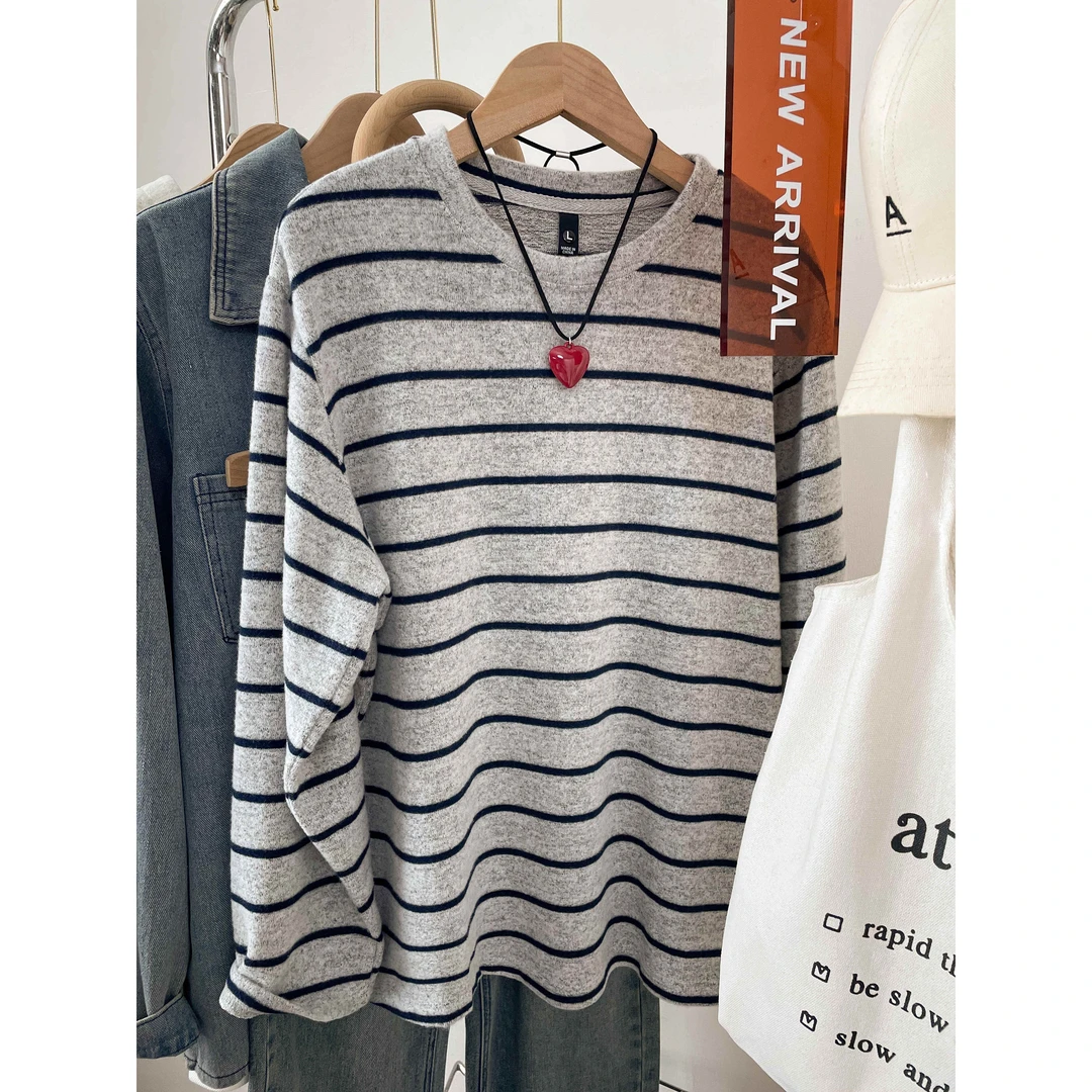 2025秋季新款条纹针织拼接百搭慵懒风长袖纯色常规薄款T恤女宽松