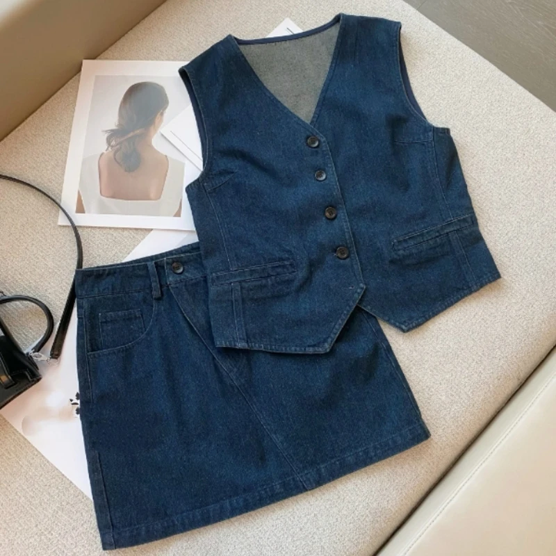 西部腔调美式牛仔无袖马甲上衣套装夏季直修身显瘦半身裙两件套女