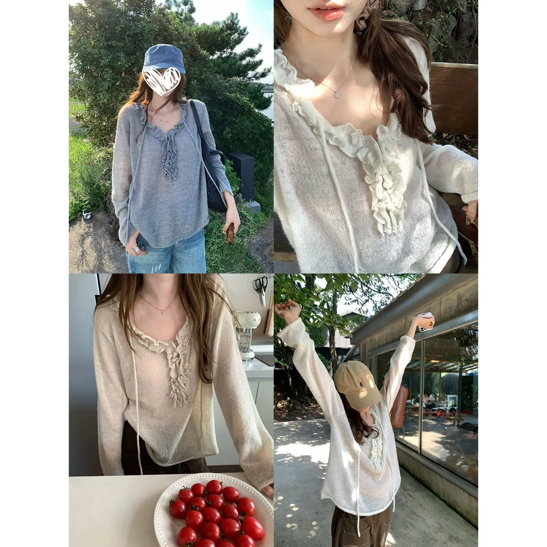 甜巧布朗尼~韩系甜美木耳边系带套头休闲针织衫女2025早秋新款