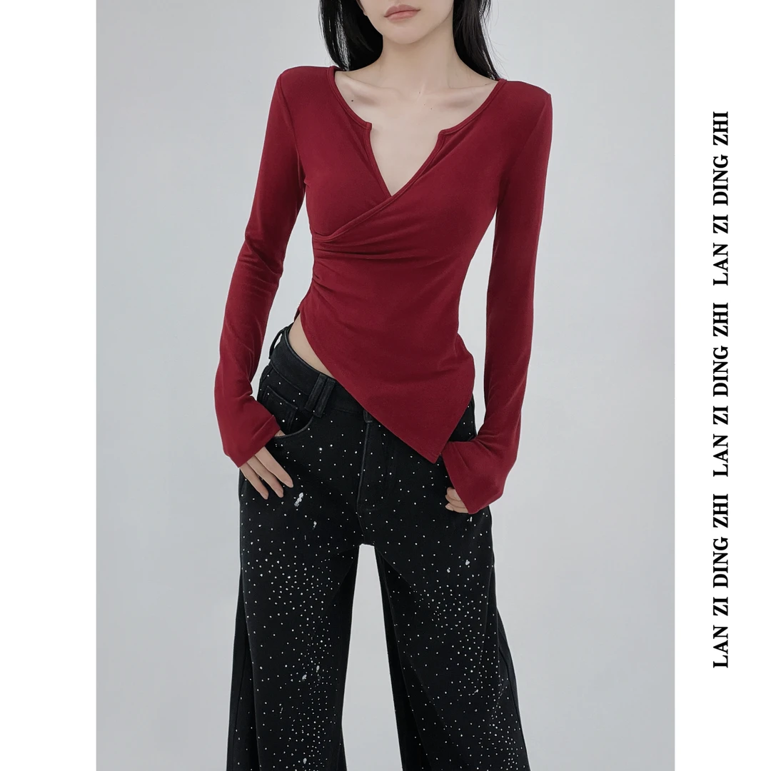 「优雅不过时」韩系甜辣风修身简约百搭秋冬交叉领收腰加绒V领上衣