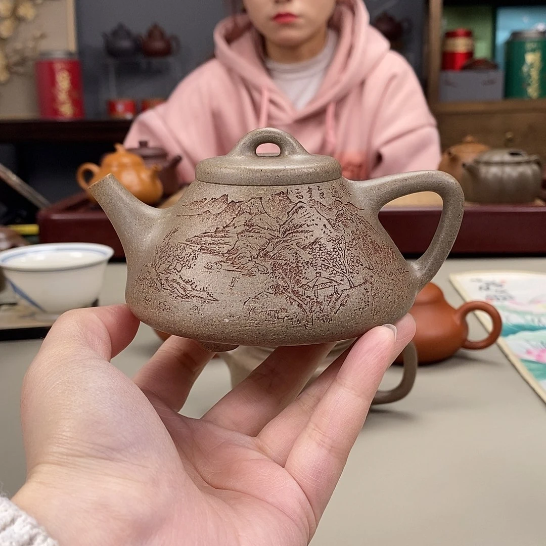 茶壶紫砂黄降坡高温子冶石瓢半手刻山水200cc