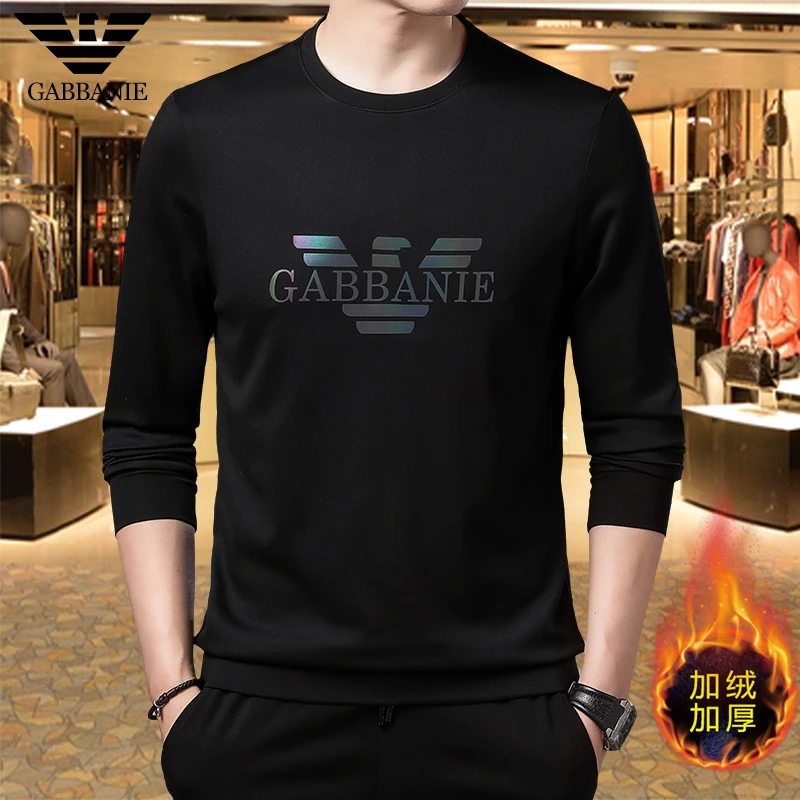 专柜正品秋季上衣印花长袖T恤男圆领韩版时尚休闲加绒打底卫衣男
