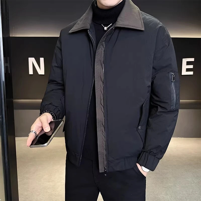 冬季鹅绒防寒外套男士撞色轻薄款潮流翻领羽绒服夹克男装休闲百搭
