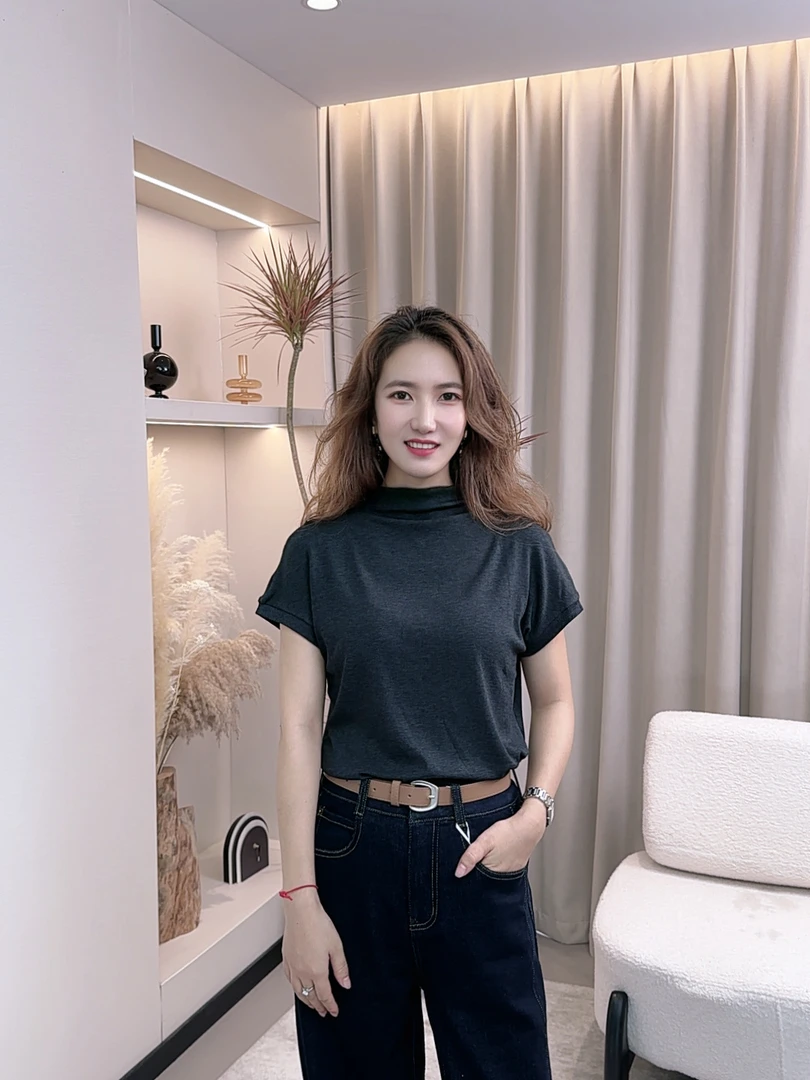 纯色圆领半高领褶皱短袖针织T恤显瘦时尚短袖女士百搭修身