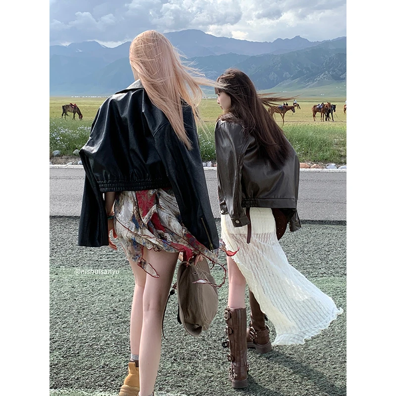 溺水三鱼【卡昂展馆】棕色复古翻领皮衣港风廓形短款夹克外套