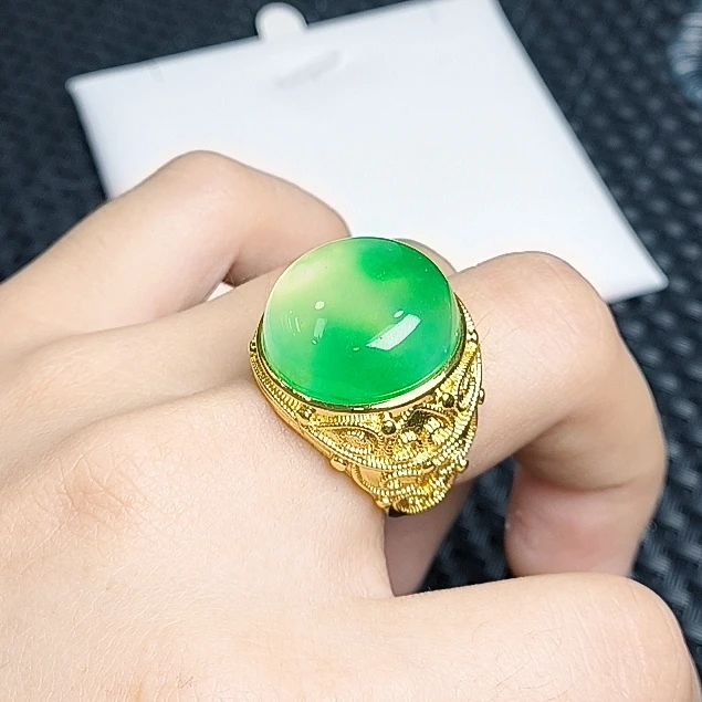（聚宝严选）B77绿飘花大蛋面圆豪华戒指精致精美气质时尚百搭