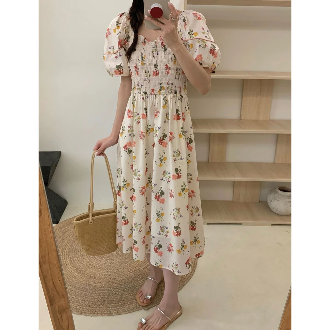 法式茶歇少女风中长裙2025夏新款泡泡袖短袖气质连衣裙6603#0.13