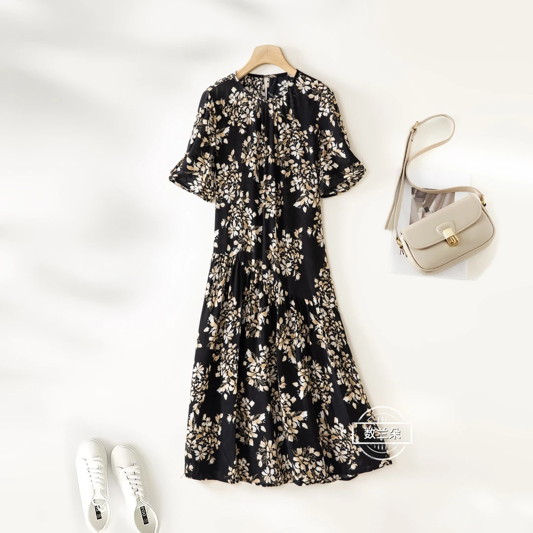 【100%桑蚕丝】数兰朵新款波点荷叶边真丝连衣裙 复古圆领小个长裙