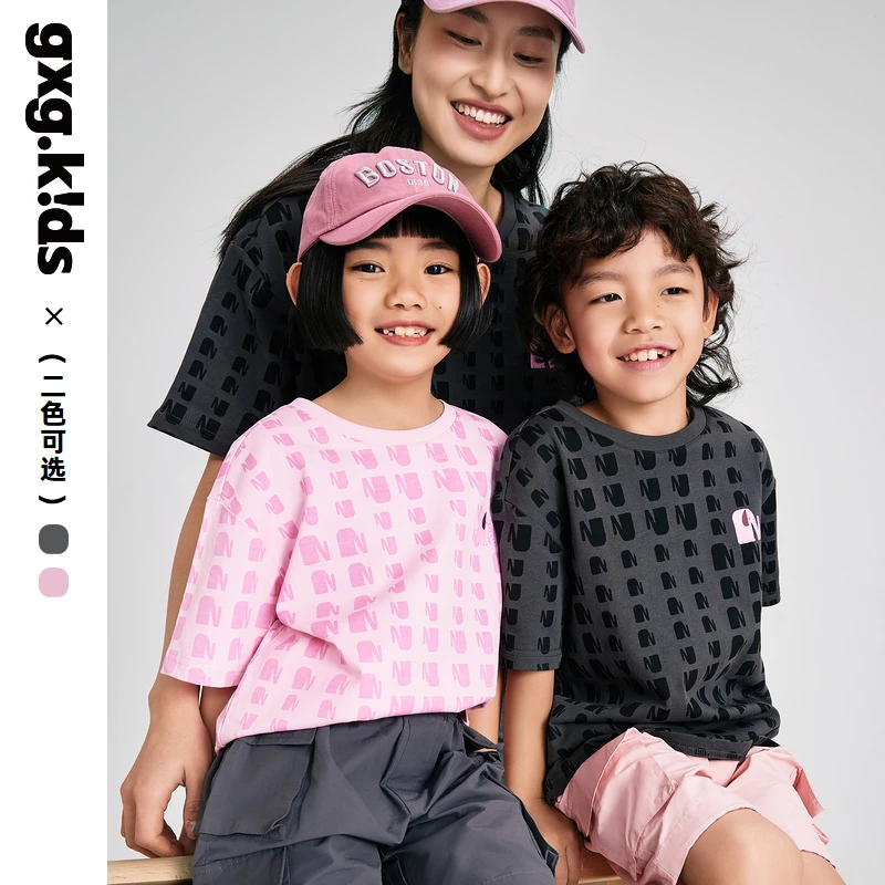 gxgkids夏季休闲短袖t恤2色可选儿童宽松时尚印花针织亲子t恤