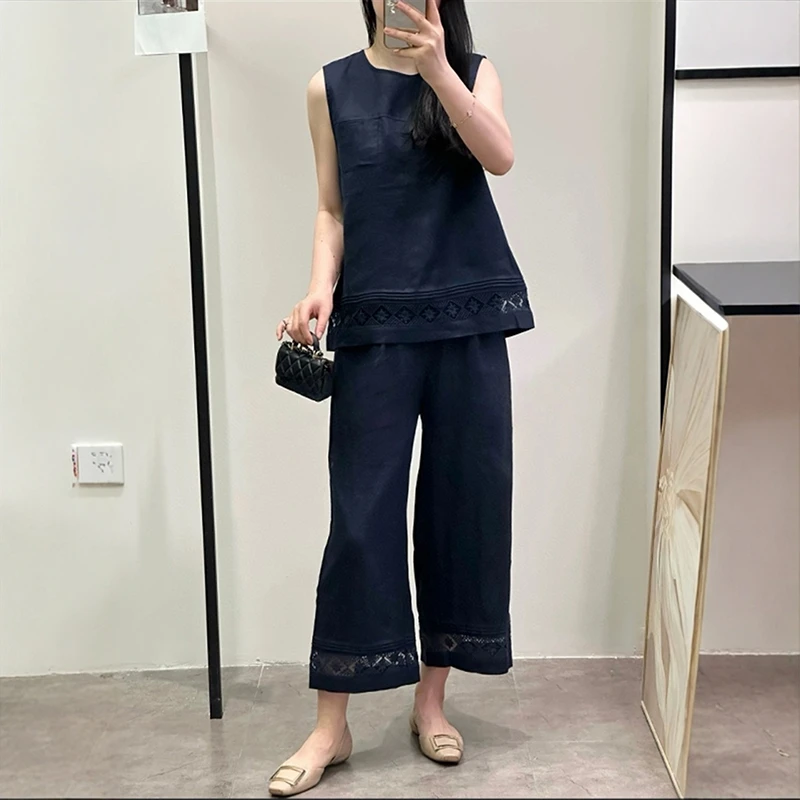欧洲站小个子显瘦通勤老钱风藏蓝亚麻套装菱形蕾丝拼接漂亮两件套