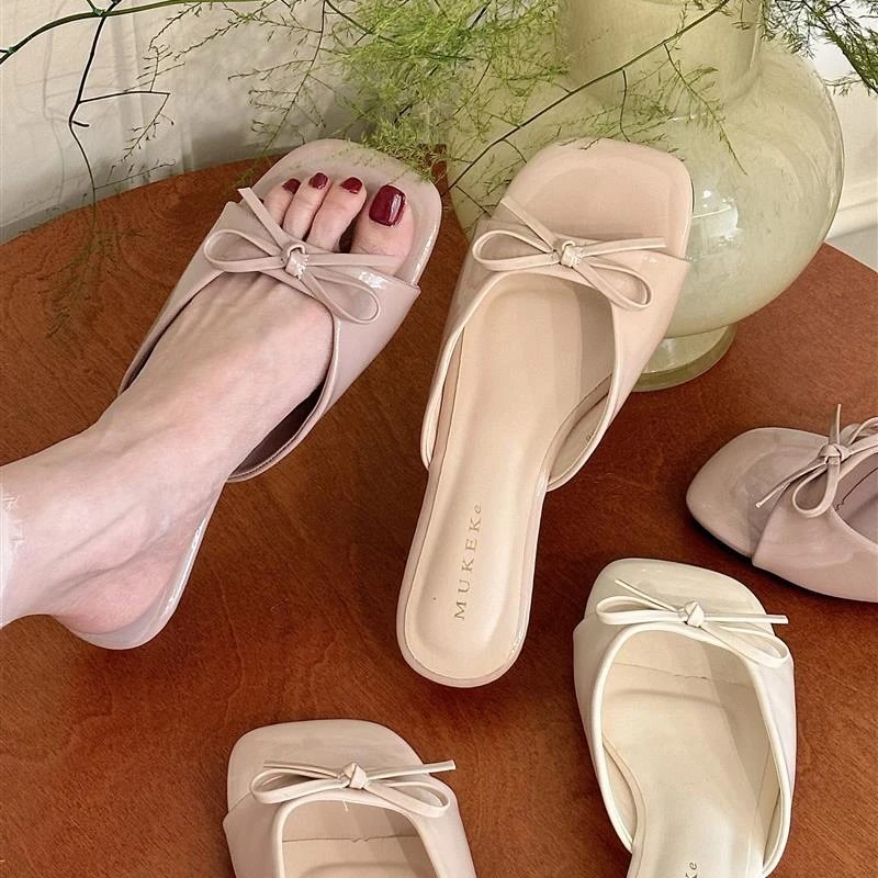 张小姐淡紫美神!气质漆皮方头一字带蝴蝶结坡跟凉拖女夏平底凉鞋