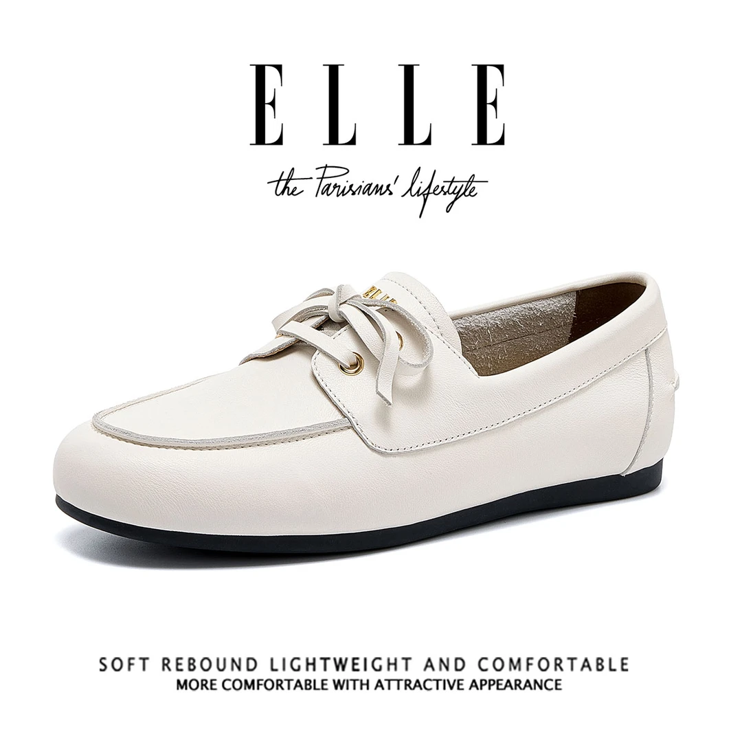 ELLE复古罗马风蝴蝶结乐福鞋女真皮软底软面妈妈通勤不累脚豆豆鞋