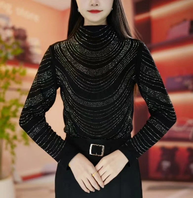 新款烫钻显瘦洋气时尚百搭长袖半高领女士上衣打底衫简约修身小衫