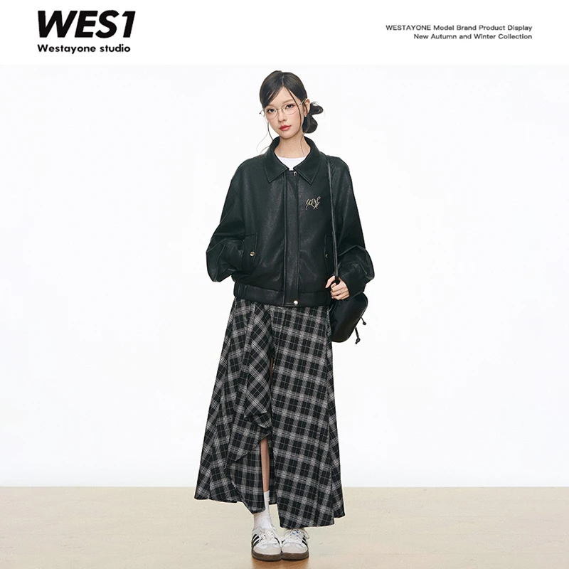 【8.10新品】 WESTAYONE 短款黑色皮衣外套女2025新款+开衩格纹长裙