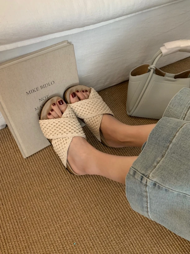 562-1交叉带针织拖鞋女外穿复古厚底勃肯鞋露趾沙滩度假凉拖鞋