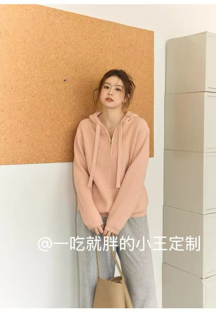 【小王家】6001大码女装连帽拉链毛衣女冬季新款百搭宽松休闲上衣