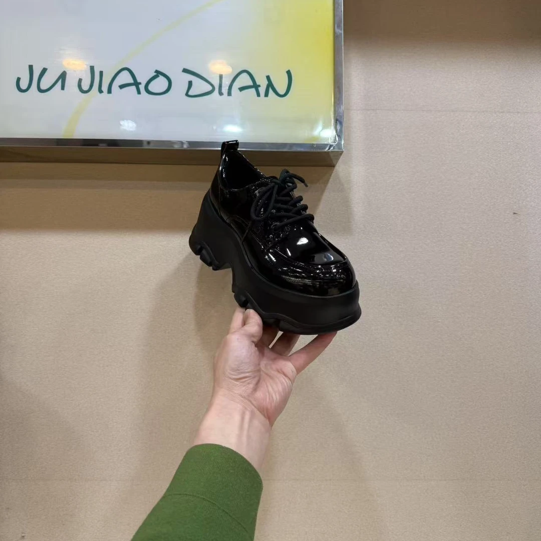 欧货女鞋2025春季新款漆皮乐福鞋系带厚底增高小个子休闲小皮鞋潮