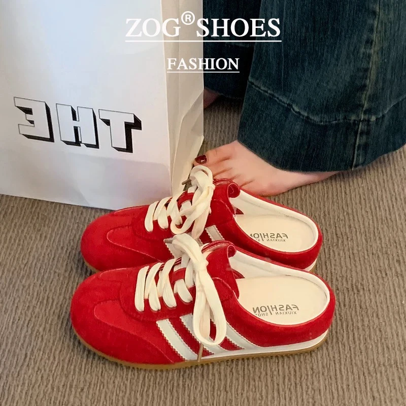 三福真皮包头半拖鞋女夏季外穿2025新款平底德训鞋懒人一脚蹬凉拖