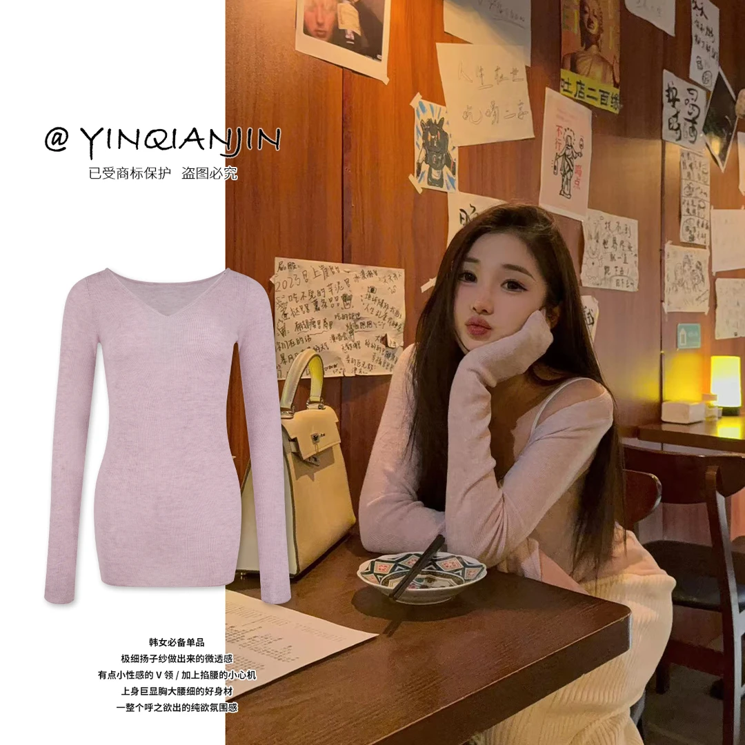 尹千金【姐系女友】呼之欲出纯欲氛围感微透小性感V领打底S255119