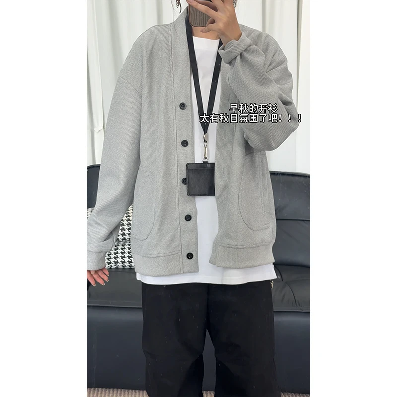 春秋季新款日系慵懒风纯色华夫格卫衣开衫男女情侣休闲外套上衣衫