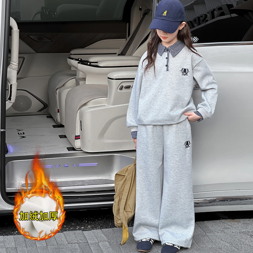 女童秋冬加绒加厚卫衣套装2025新款洋气格子领POLO衫女孩两件套潮