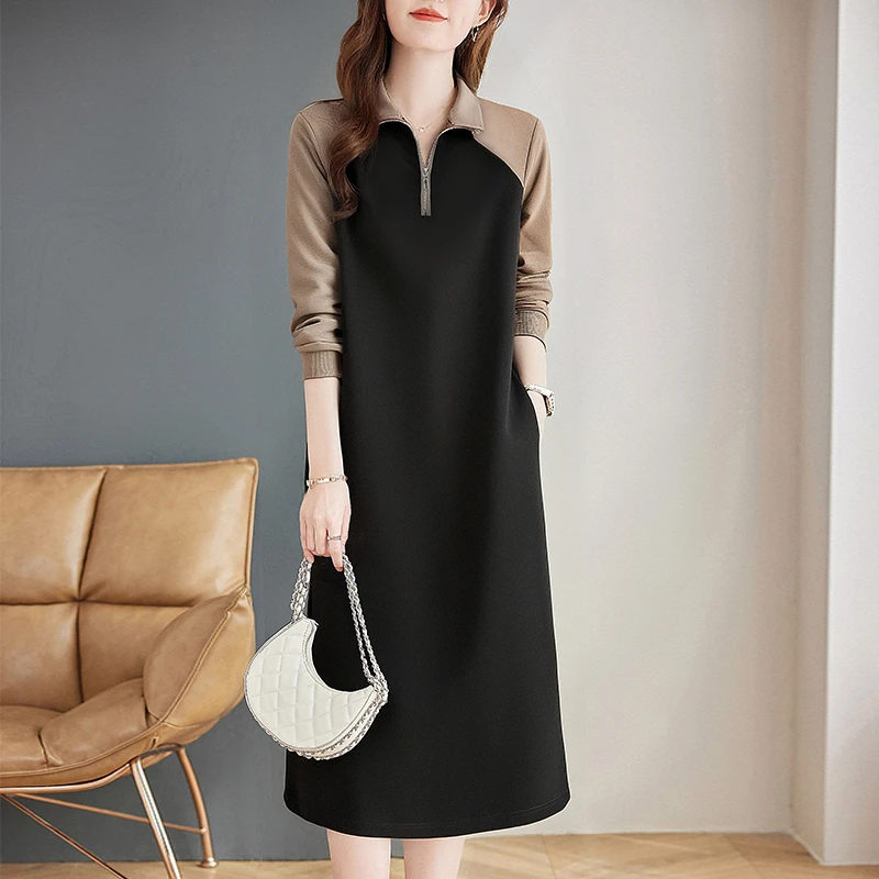 芳妮诗长袖连衣裙女秋装2025年新款大码女装休闲撞色翻领卫衣裙子