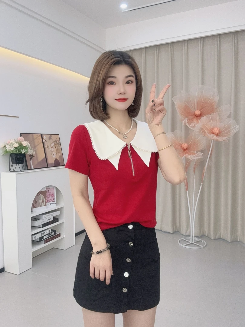【萧萧】娃娃领手工钉珠时尚百搭显瘦2025夏季新款翻领女短袖上衣