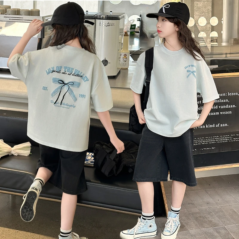 女大童短袖t恤夏季2025新款女童初中生套装洋气a类上衣青少年半袖