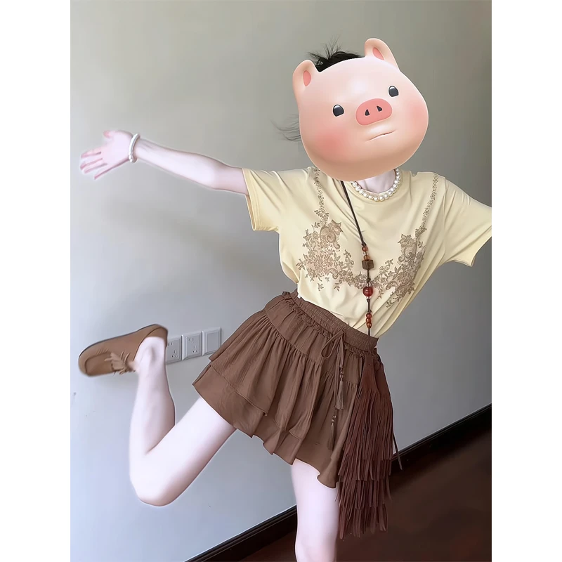 2025夏季圆领短袖慵懒精梳宽松T恤上衣蕾丝蛋糕裙拼接短款半身裙