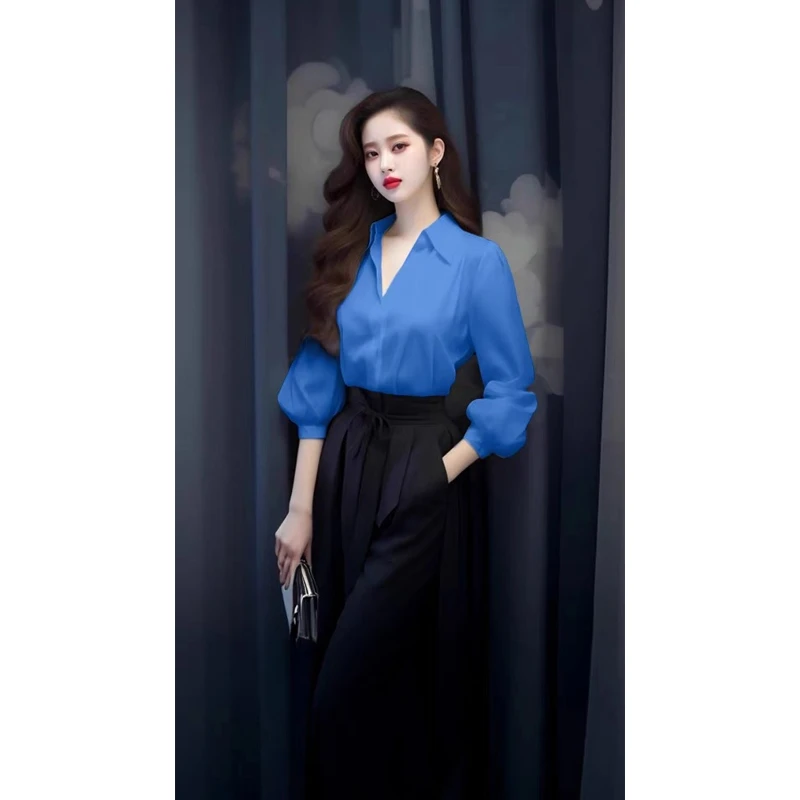 今年流行漂亮法式小众别致高级感蓝色长流光风法式蓝色衬衫套装