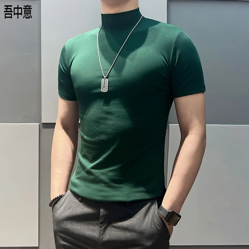 半高领短袖t恤男弹力修身打底衫男款爆款2025新款纯色百搭体恤男
