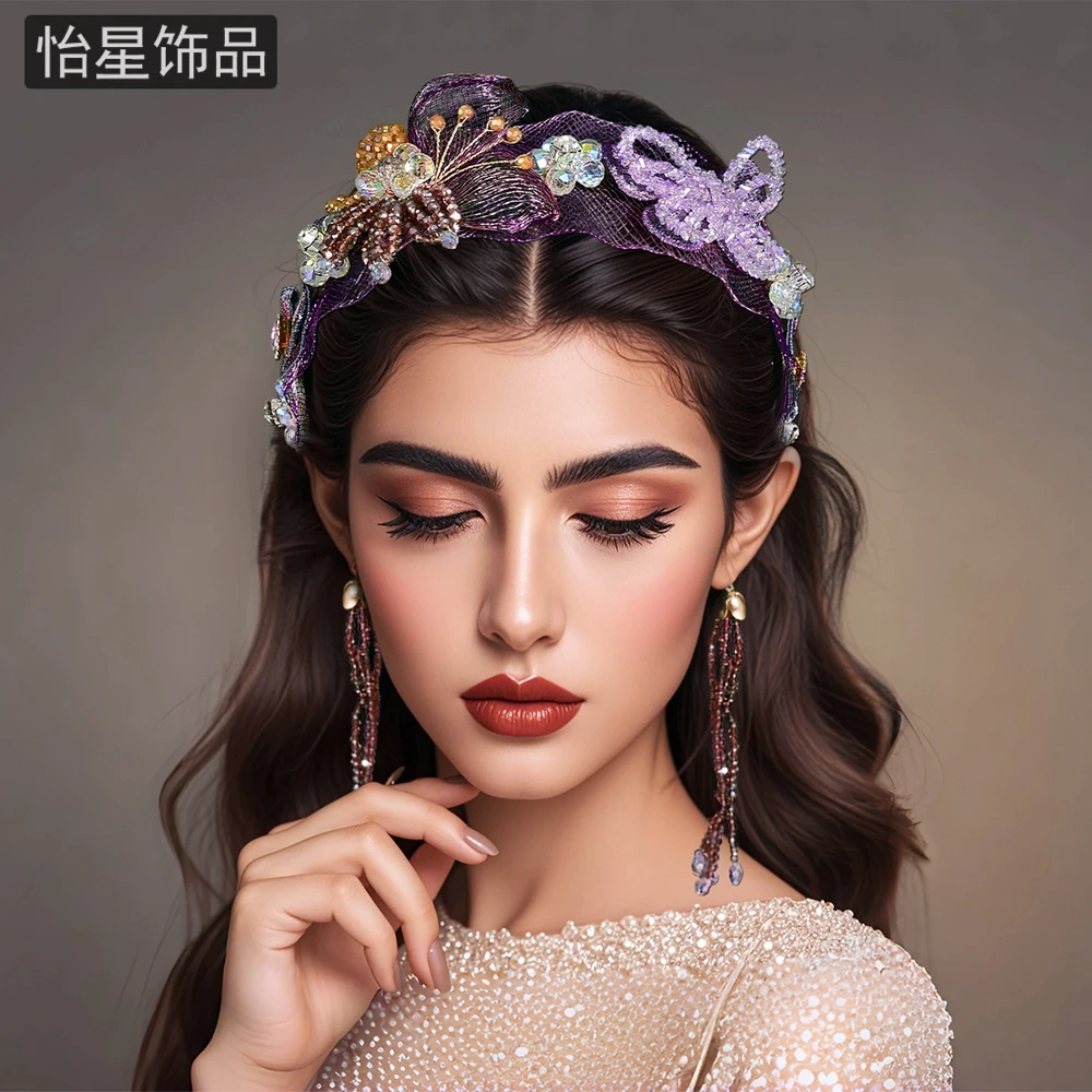 怡星轻奢璀璨立体水晶头饰高级感流苏度假压发小仙女编网发箍A336
