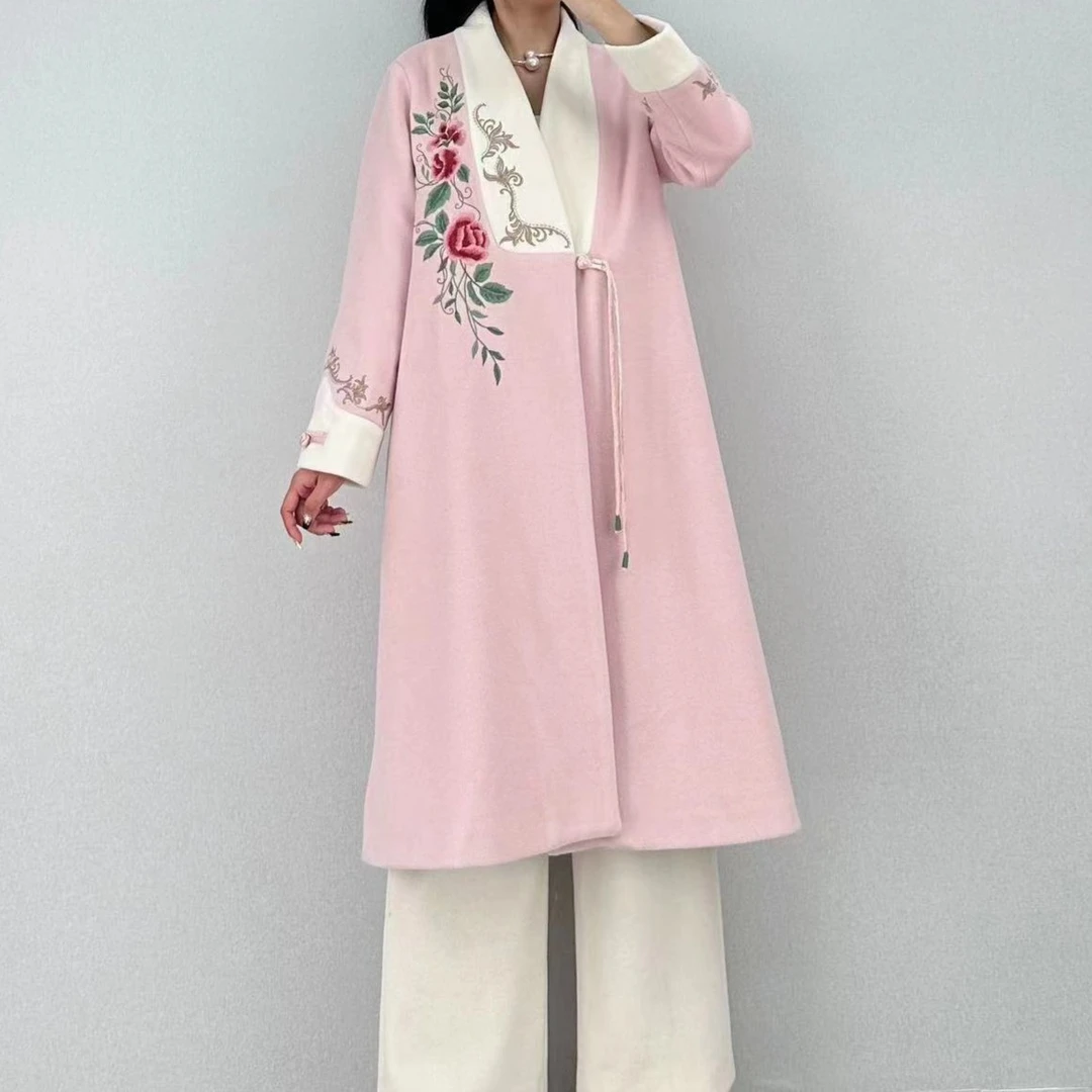 正品保障新款高档茶艺师茶服国风绣花盘扣中式呢子大衣外套6931