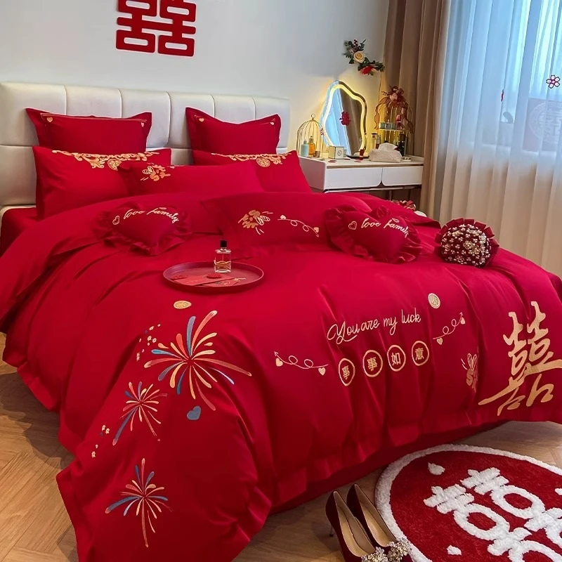 全棉结婚床上四件套大红色喜庆纯棉被套罩床单陪嫁婚房十件套床品