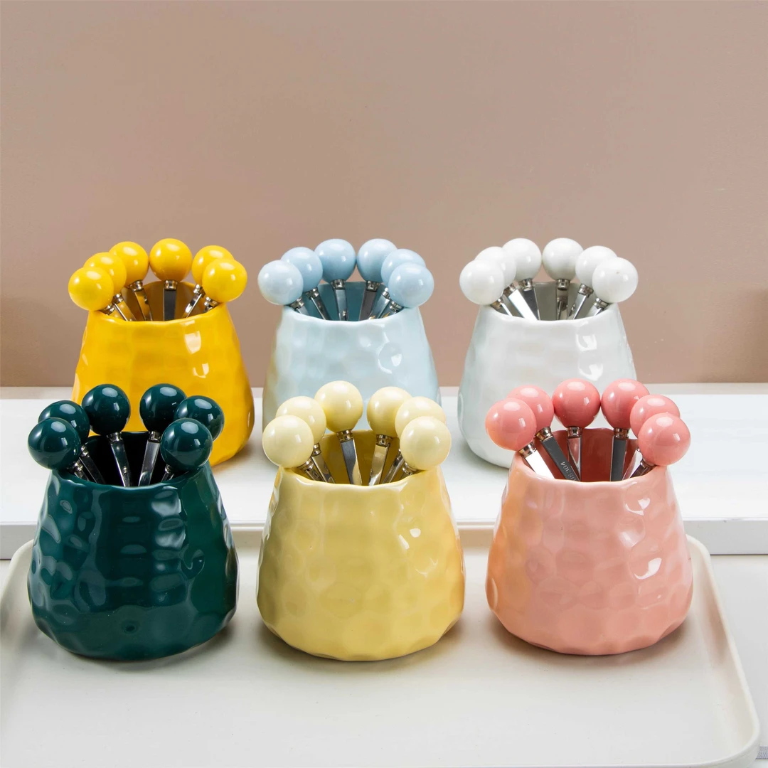 304不锈钢水果叉套装点心叉可爱家用防摔儿童高级果签收纳罐