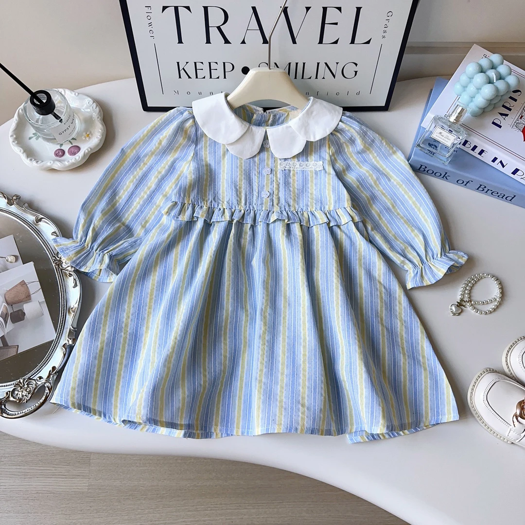 女童连衣裙春秋季新款宝宝裙子洋气条纹蝴蝶结长袖连衣裙BCB135