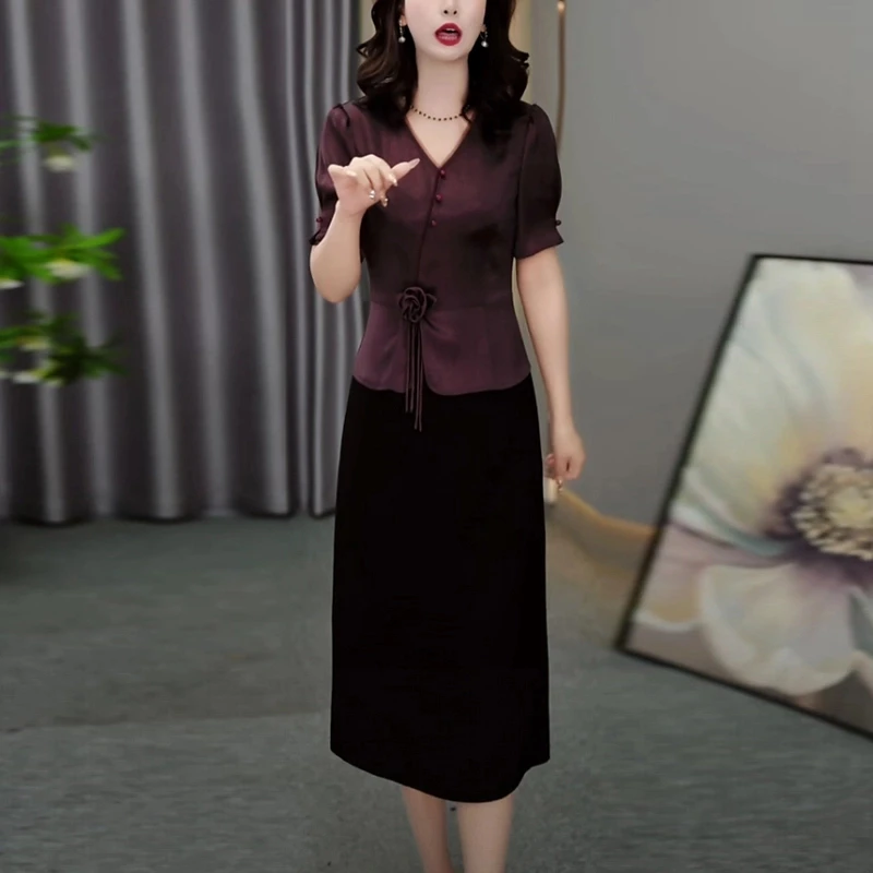 2025夏季新款轻奢女装时尚洋气减龄拼接云丝缎假两件短袖连衣裙子