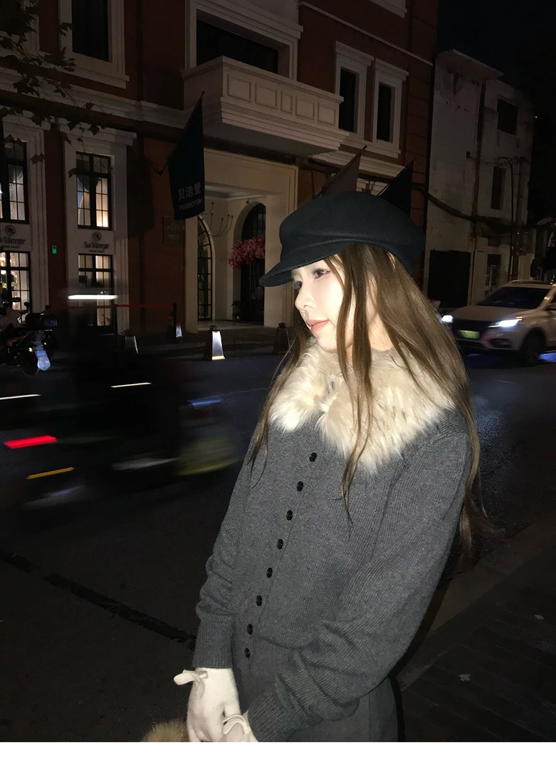 街头优雅修身针织开衫可拆卸毛领毛衣女时髦上衣冬季