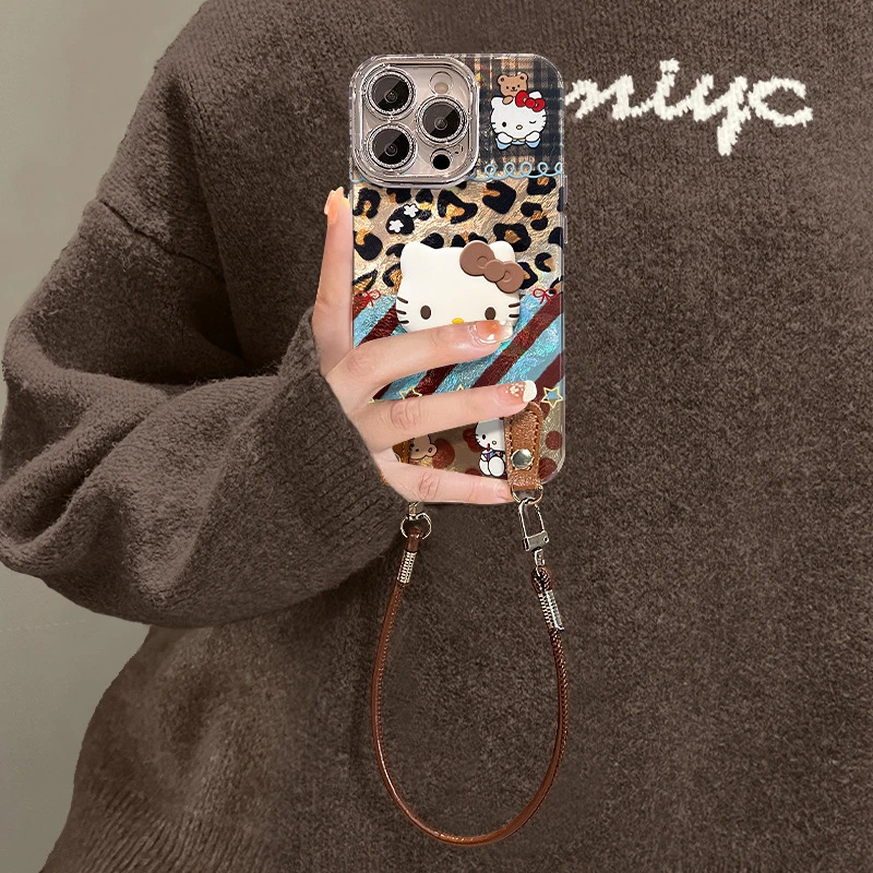 豹纹格纹kt猫适用苹果16pro华为OPPO小米VIVO手机壳冰川纹镜头膜