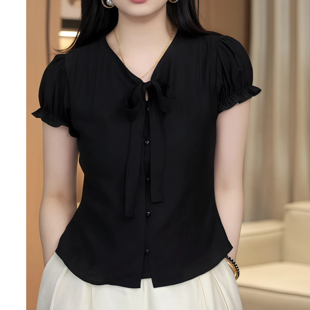 2025夏季高级感复古黑色泡泡袖衬衫女装气质V领显瘦百搭上衣小衫