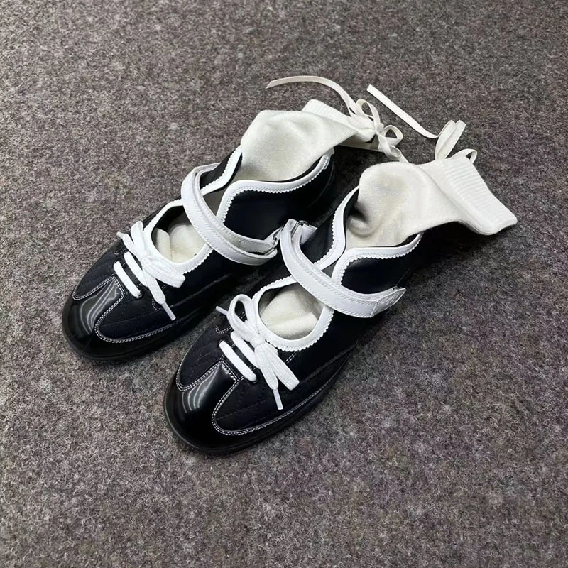 牛皮版~休闲运动鞋女拼色百搭真皮芭蕾舞鞋子厚底内增高玛丽珍鞋