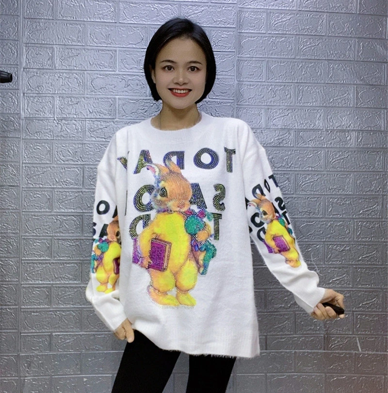 B001-B100 重工镶钻貂绒女上衣高档百搭印花圆领针织休闲长袖毛衣