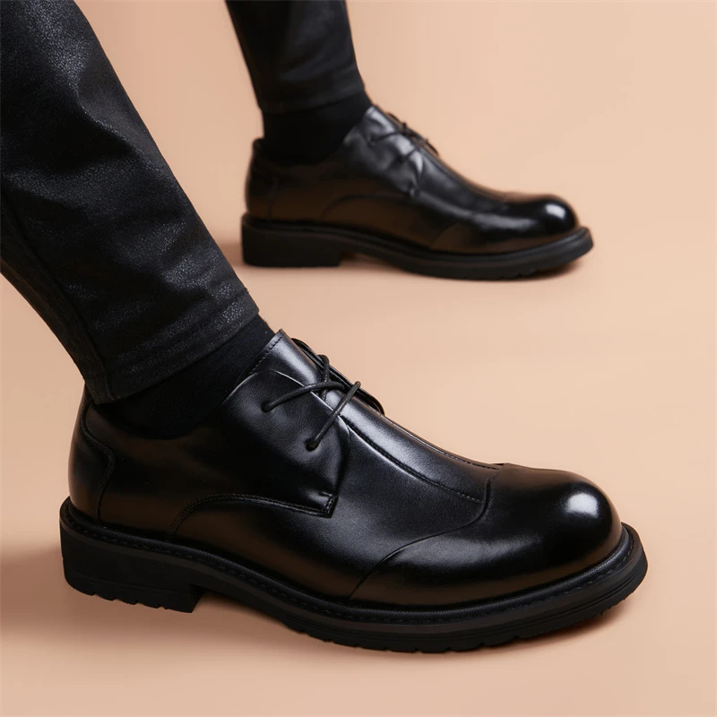 2025新款英伦尖头皮鞋男夏季商务休闲正装黑色系带内增高软底男鞋