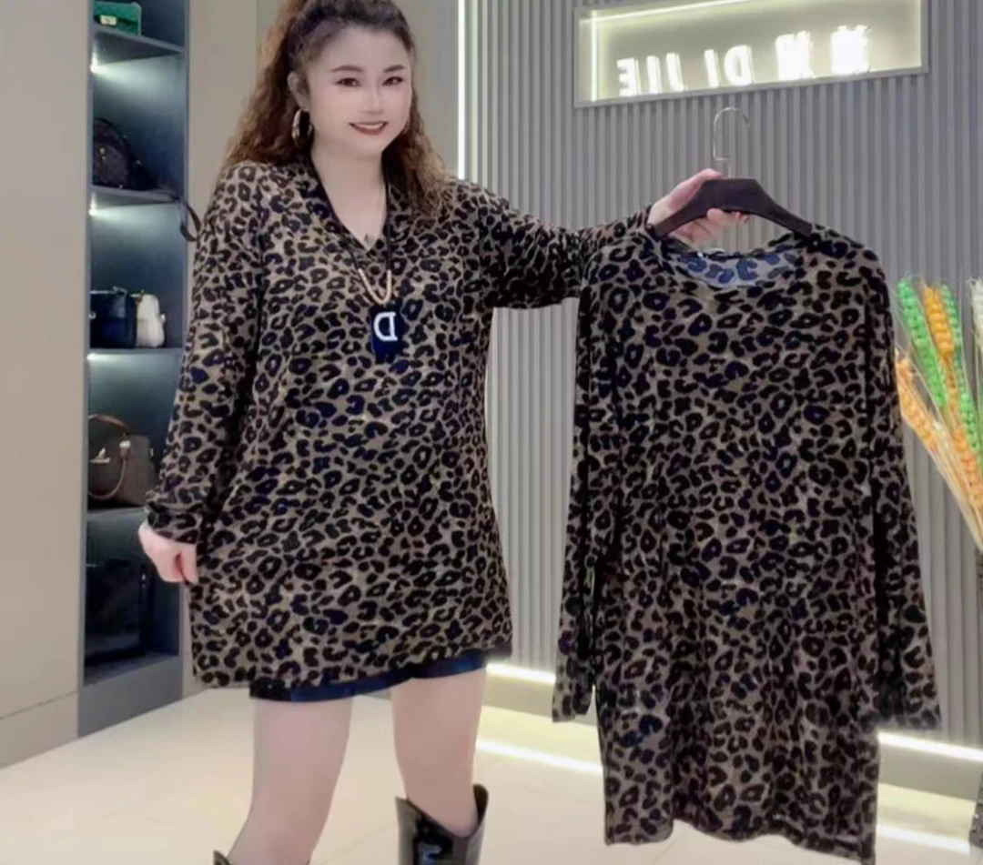 大码洋气豹纹时尚V领圆领长袖中长款宽松休闲显瘦气质打底大衫