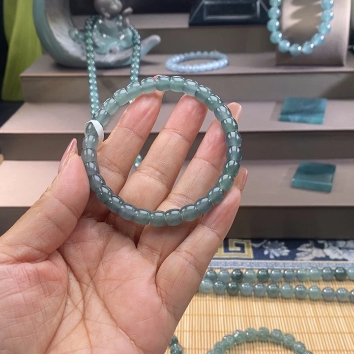 手链翡翠未镶嵌稻****板卡6.8mm蓝底直切30颗