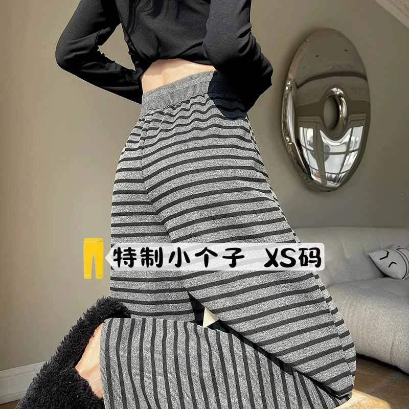 复古慵懒风松紧腰抽绳休闲裤女春秋小个子设计感深灰条纹拖地长裤