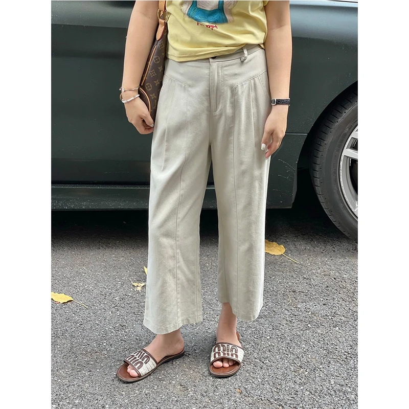 WenWen小个子时尚韩版高腰窄版洗水棉百搭八分休闲裤1425