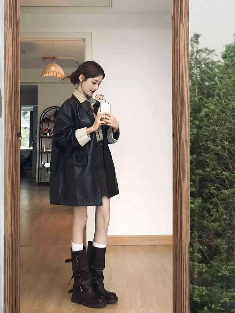 高个子复古黑色翻领皮衣外套女2025秋季款独特酷飒风机车夹克外套